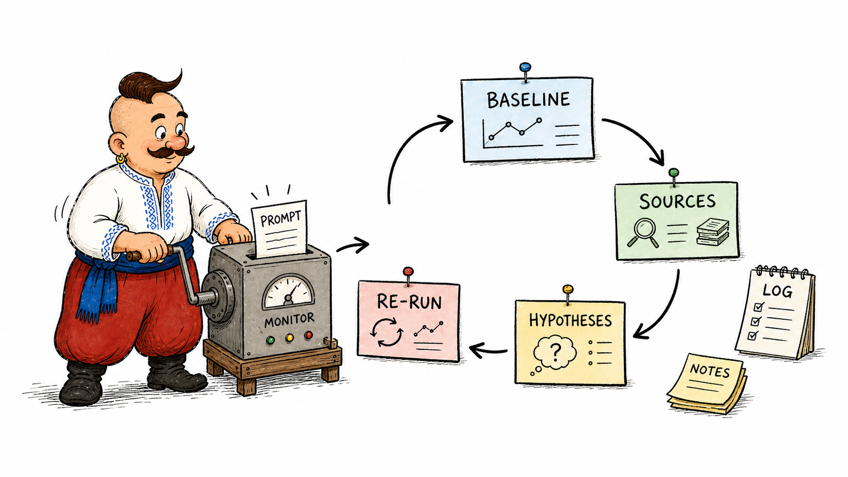 Kozak moves a prompt through baseline, sources, hypotheses, and a re-run