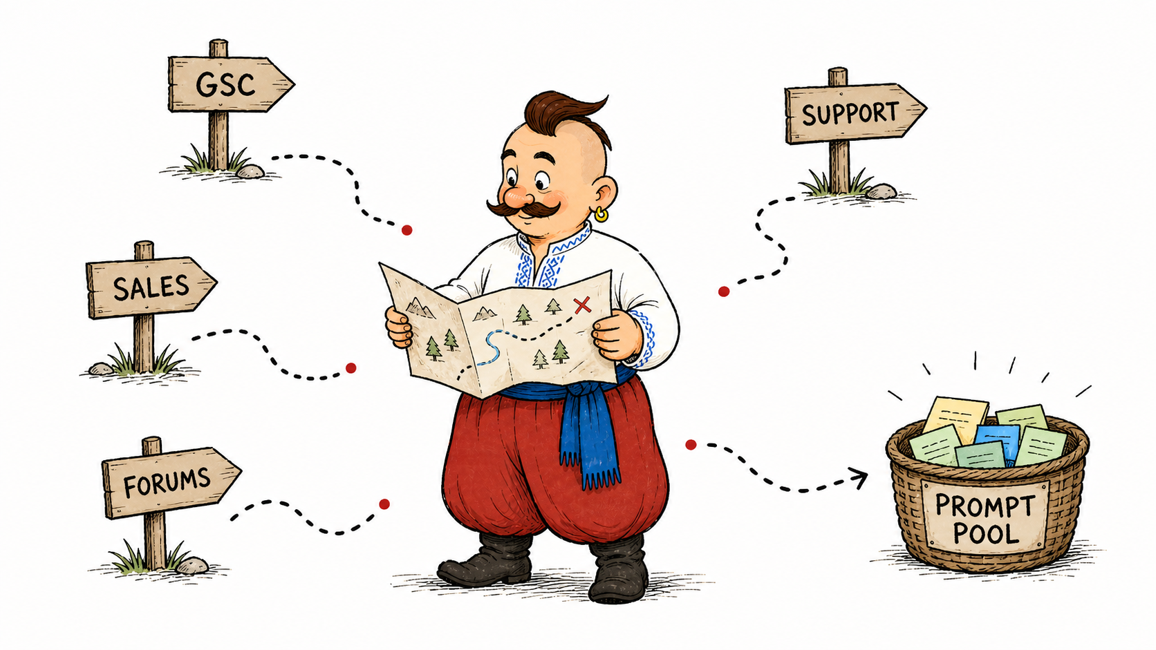 Kozak gathers query ideas from GSC, sales, support, and forums into one prompt pool