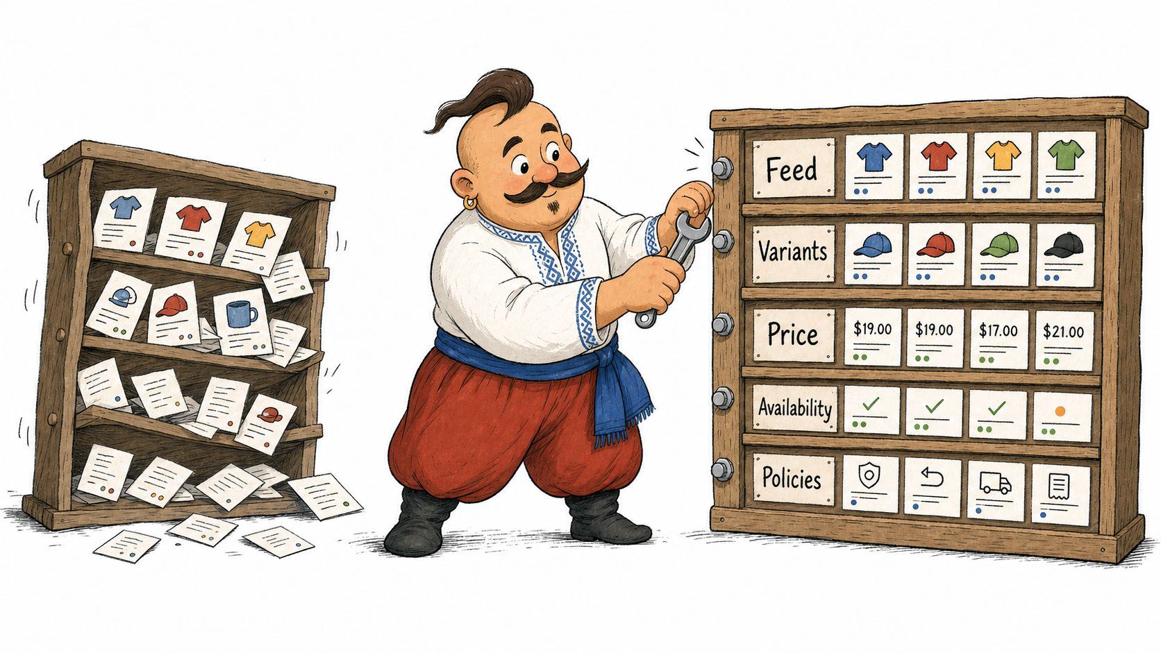 Kozak aligns feed, variants, price, availability, and policies in a product catalog