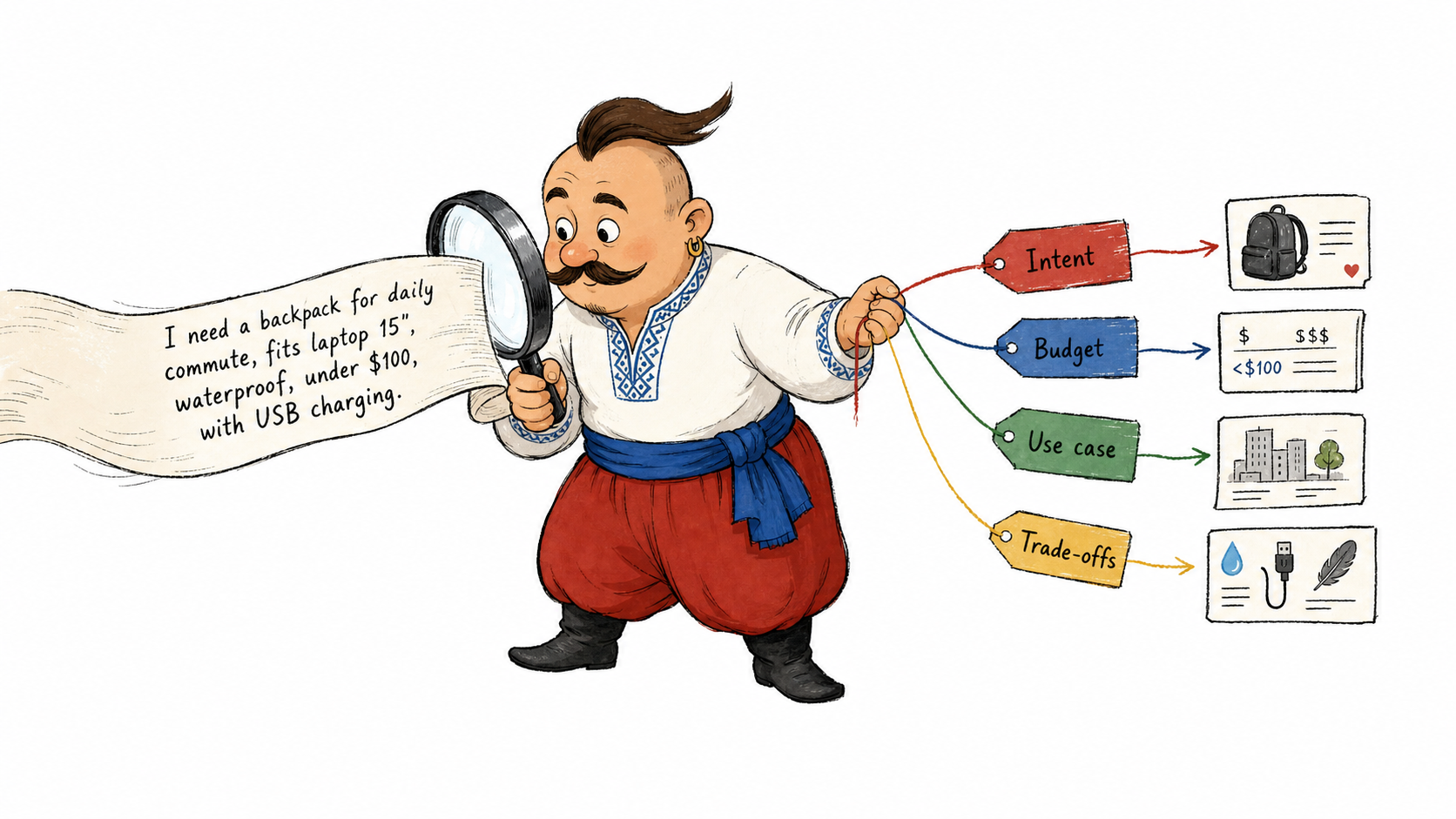 Kozak maps a shopping request into intent, budget, use case, and trade-offs