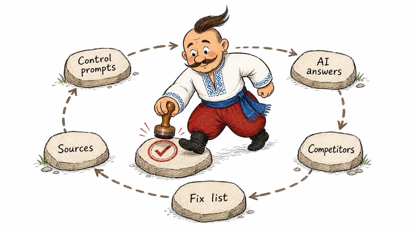 Kozak runs a monitoring loop across control prompts, AI answers, competitors, sources, and a fix list