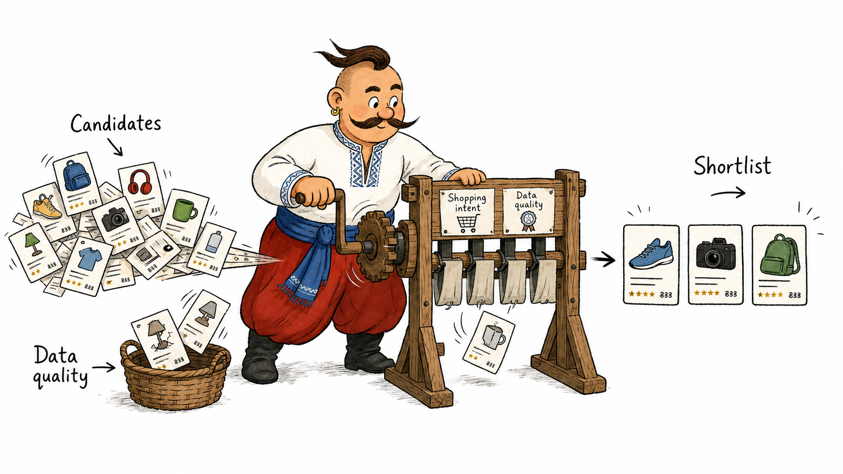 Kozak sends candidate products through a relevance gate and builds a shortlist