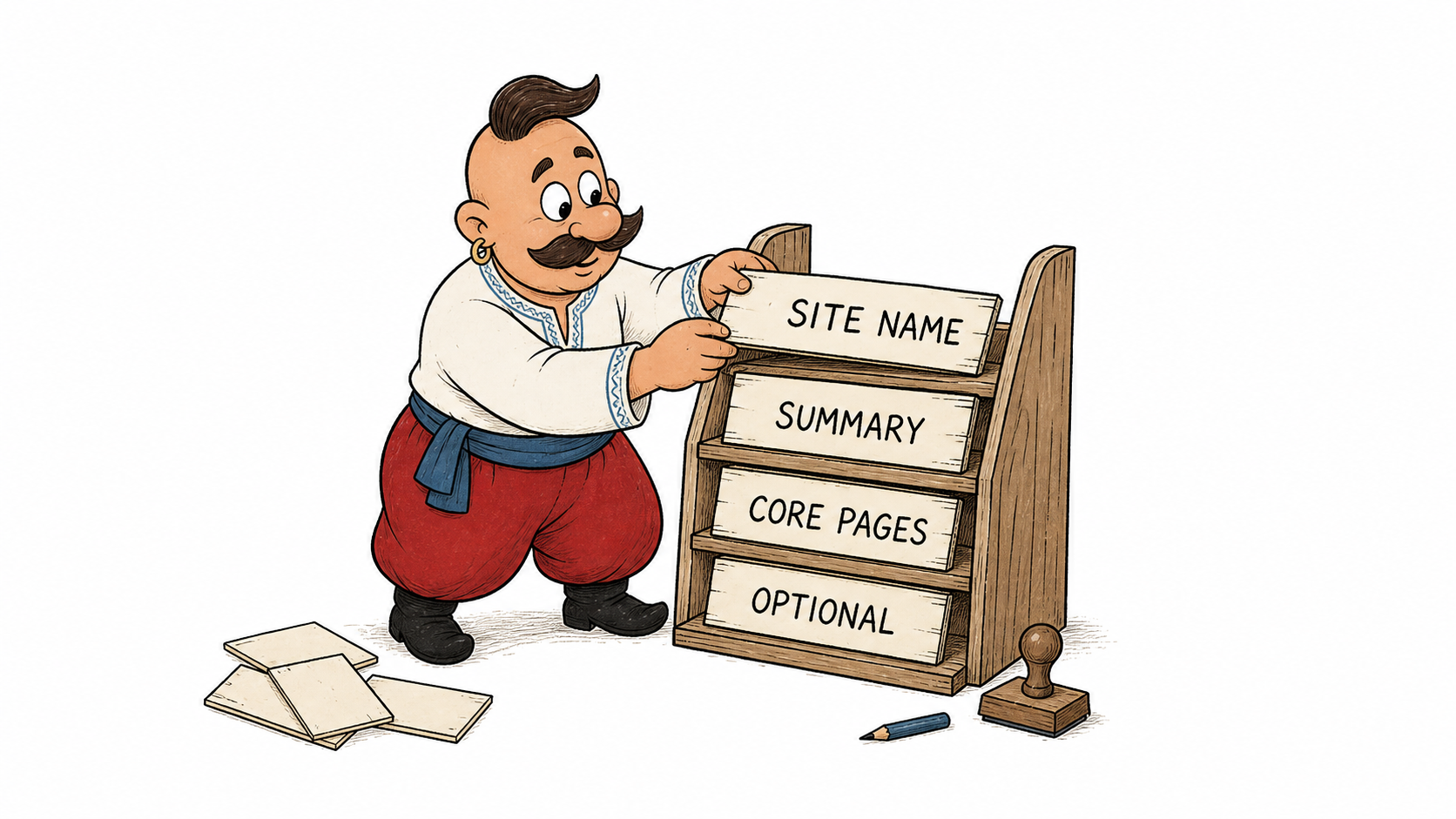 Kozak assembles the recommended llms.txt Markdown structure with summary, core pages, and optional links