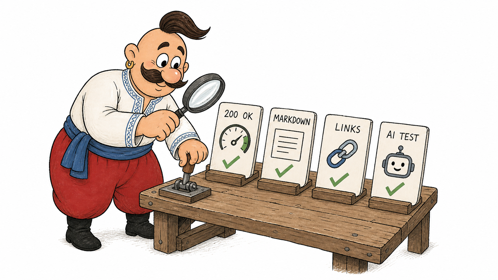 Kozak validates llms.txt with 200 OK, Markdown, links, and an AI test