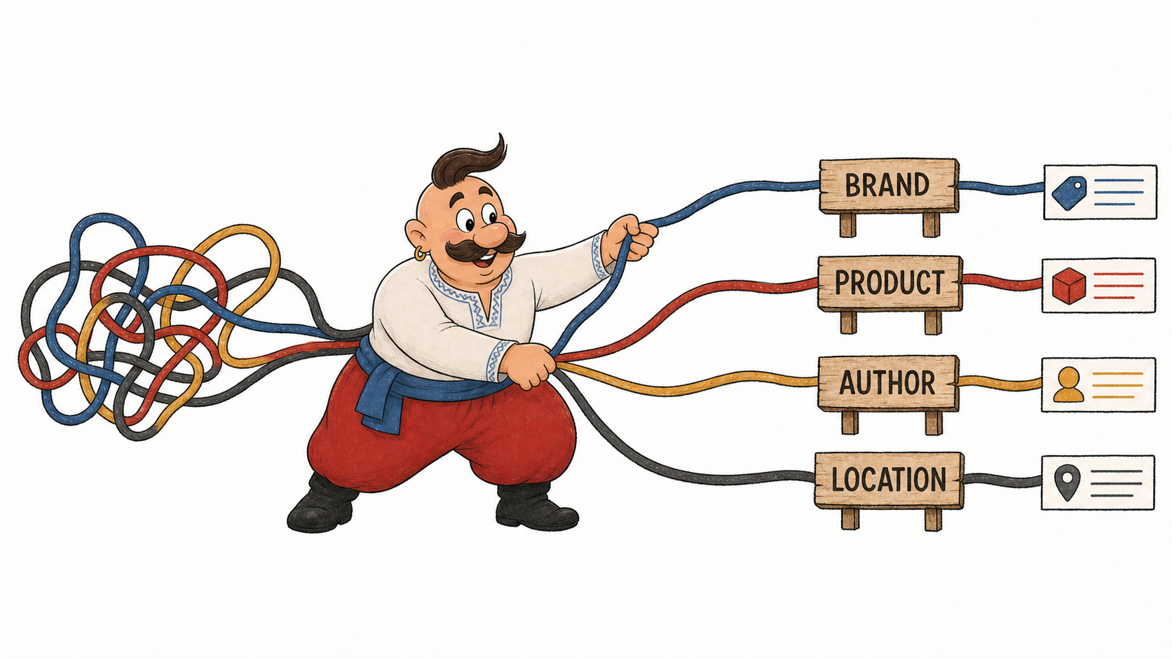 Kozak untangles brand, product, author, and location entities and routes each one to the correct facts