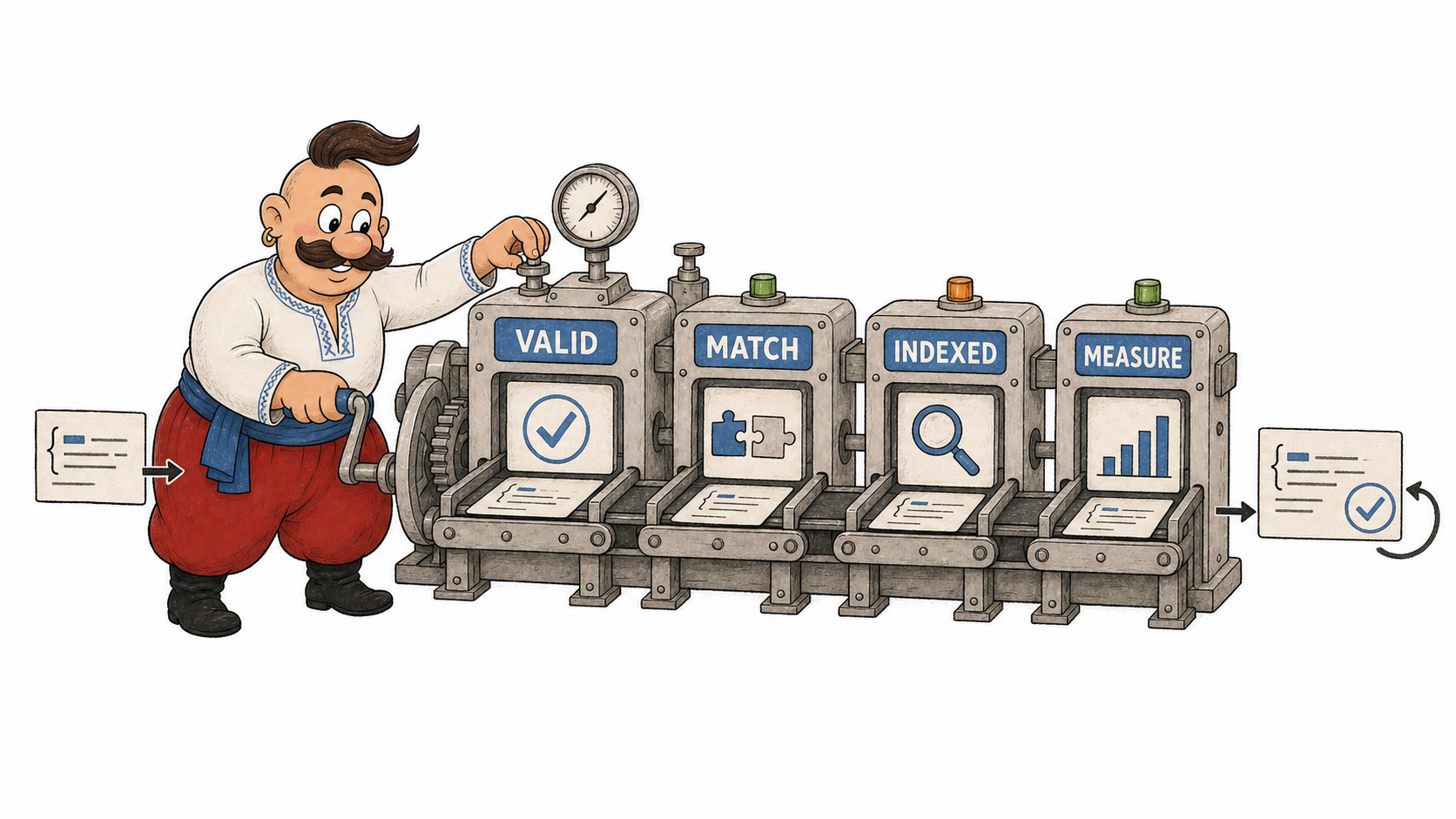 Kozak moves a page through validity, content matching, indexing, and impact measurement