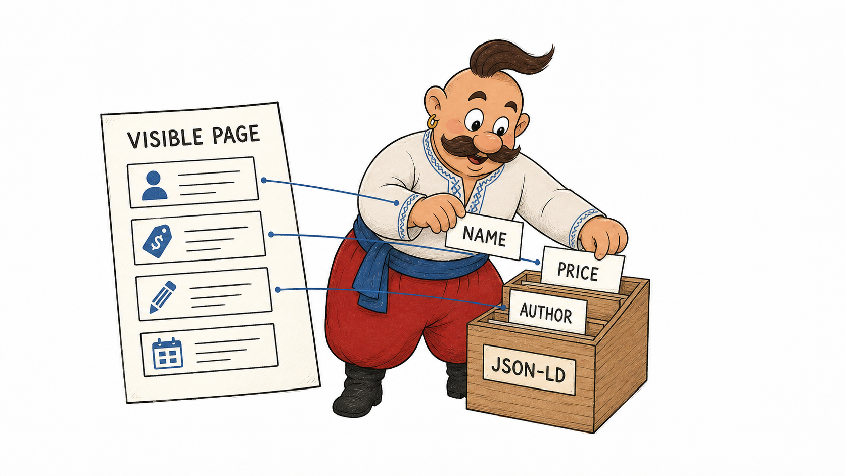 Kozak moves visible page facts about the name, price, and author into machine-readable JSON-LD