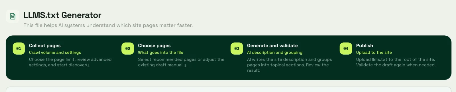 VYDAI llms.txt generator: page discovery, editing, and validation